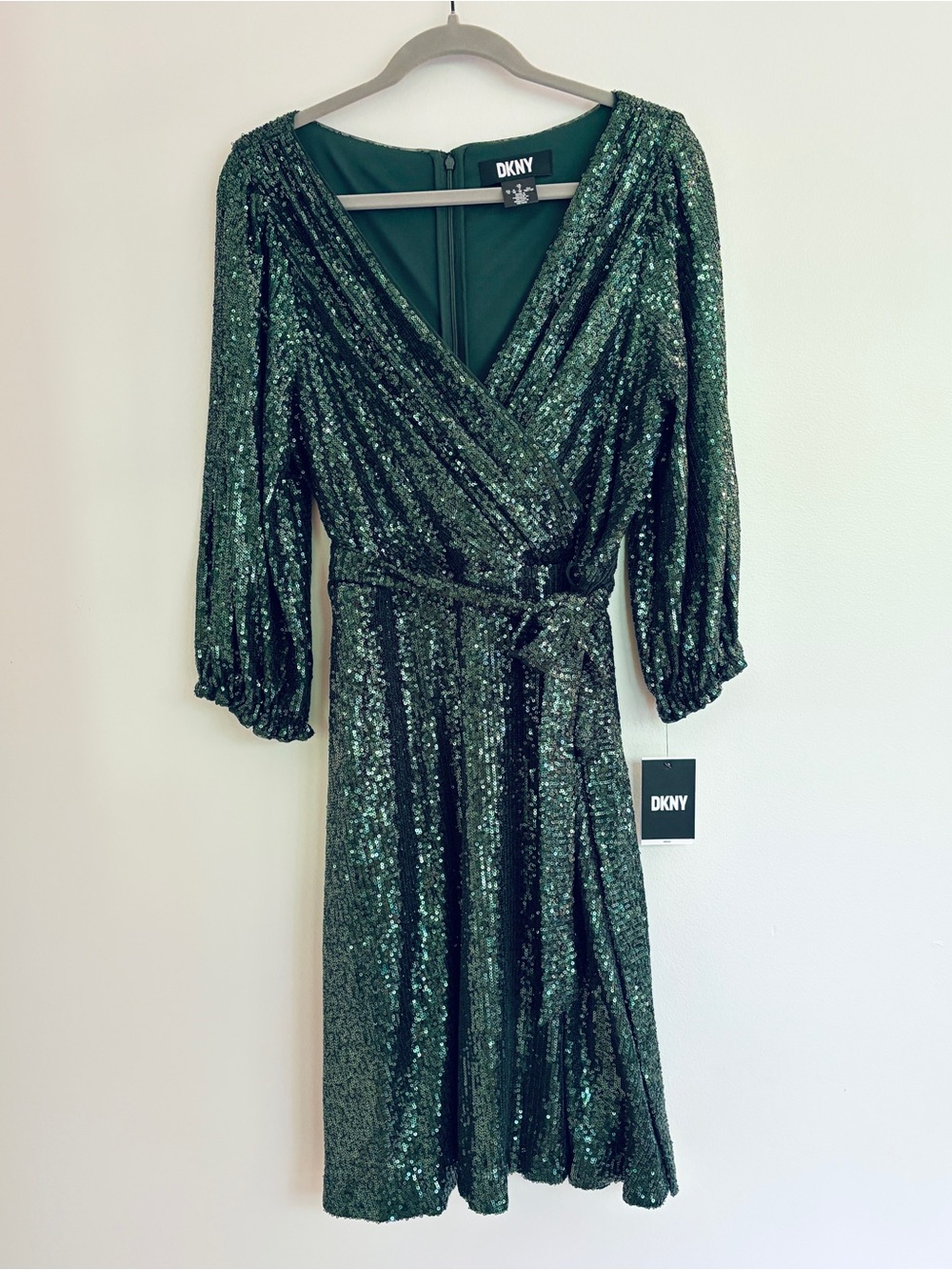NWT DKNY Emerald Green Sequin Midi Wrap Dress Size 16